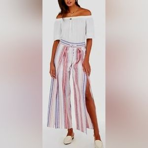 Express Women's Wide Leg Pull On Side Slits Linen/Cotton Pants Striped Small